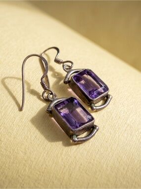 Sterling Silver Drop Earrings with Purple Amethyst-Cut Stones
